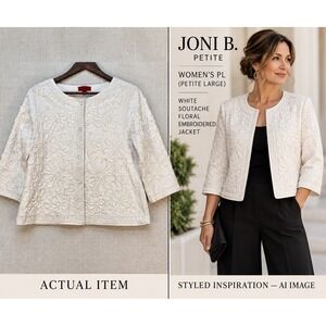 Joni B Petite Women's (L) Embroidered Soutache Jacket White Floral Cotton Blend